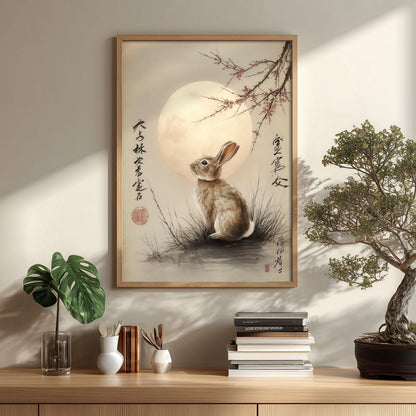 Moonlit Rabbit Japanese Art Print – Watercolour Cherry Blossom Wall Decor