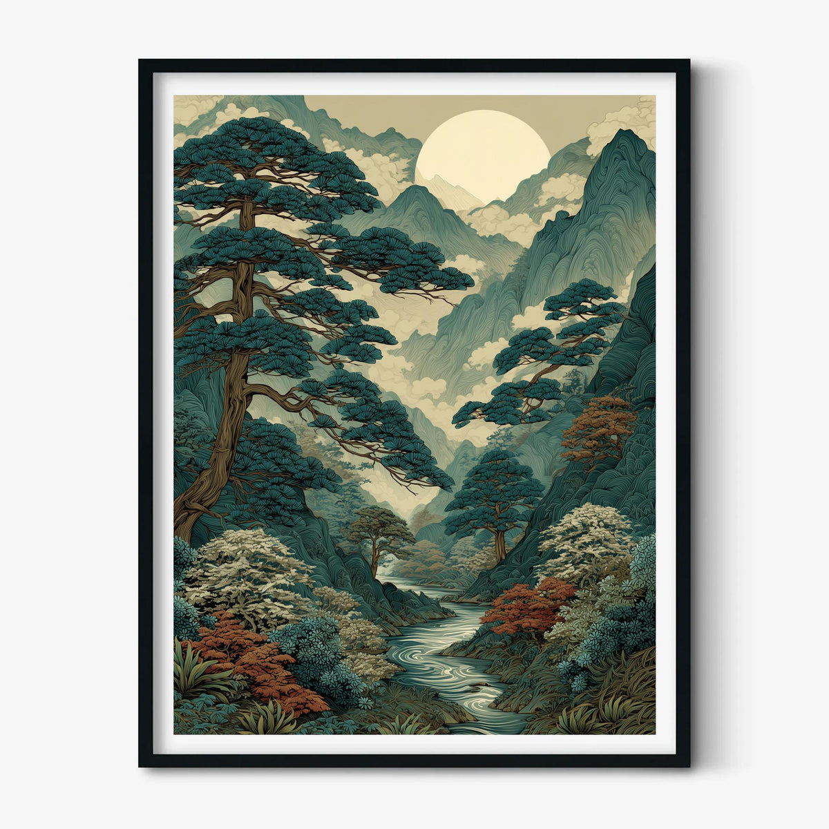 Japanese Mountain Valley Art Print – Ukiyo-e Moonlit Pine Forest Serene Wall Decor