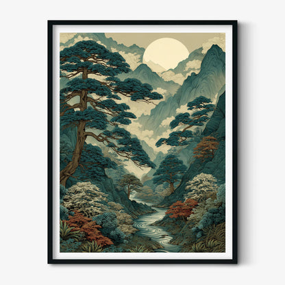 Japanese Mountain Valley Art Print – Ukiyo-e Moonlit Pine Forest Serene Wall Decor