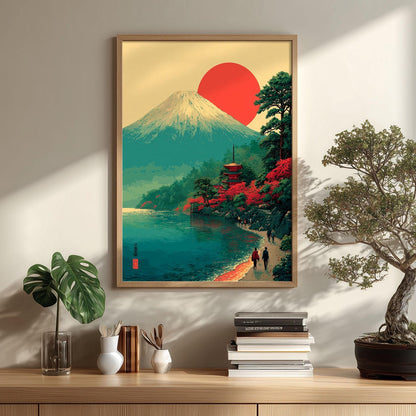 Japan Landscape Art Print - Mount Fuji Sunrise Wall Decor, Japanese Pagoda Coast Poster