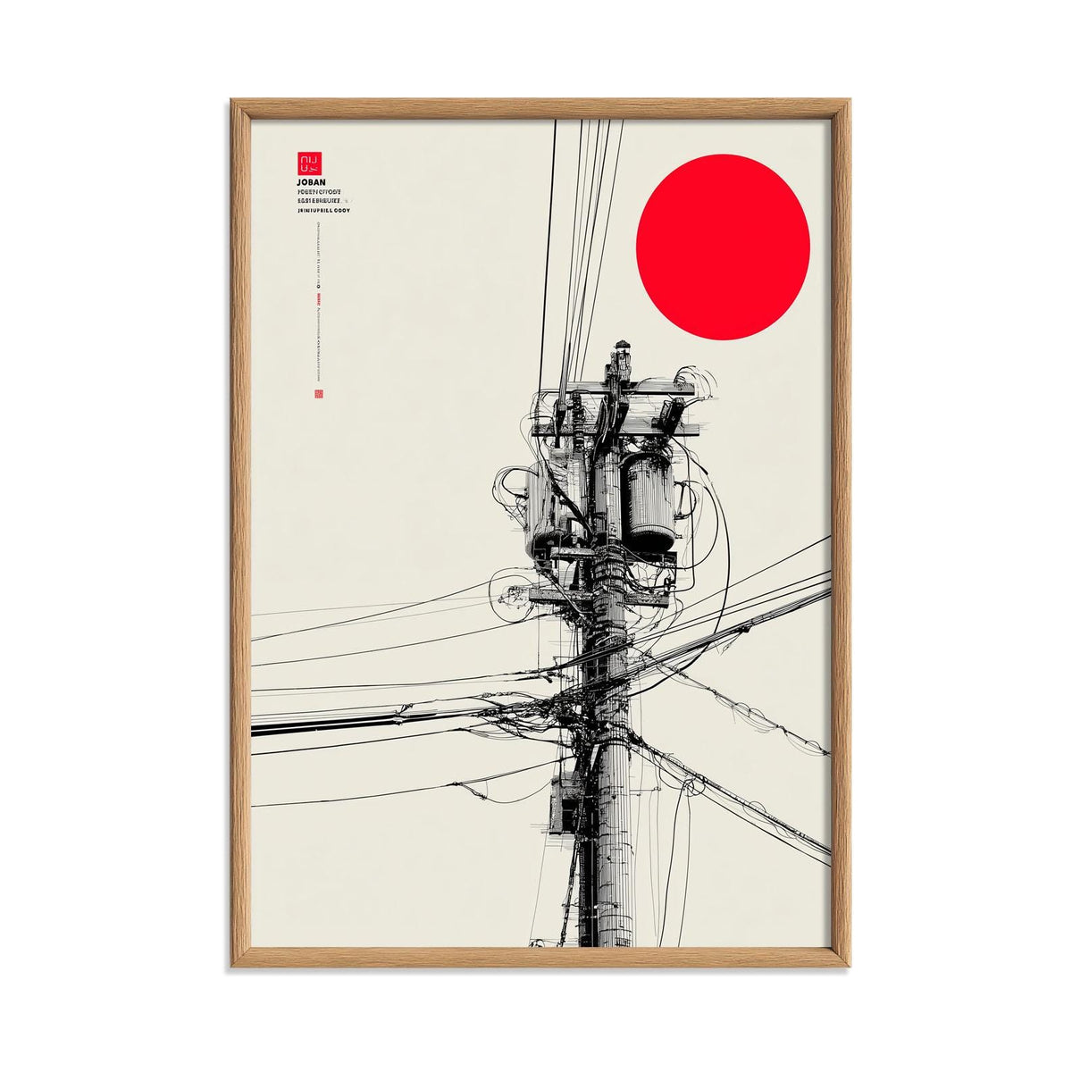 Japanese power pole art print - minimalist line drawing with red sun - modern wall decor