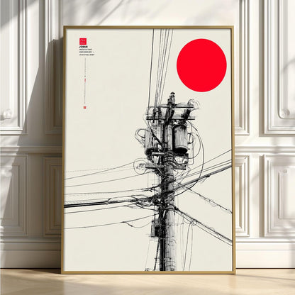 Japanese power pole art print - minimalist line drawing with red sun - modern wall decor