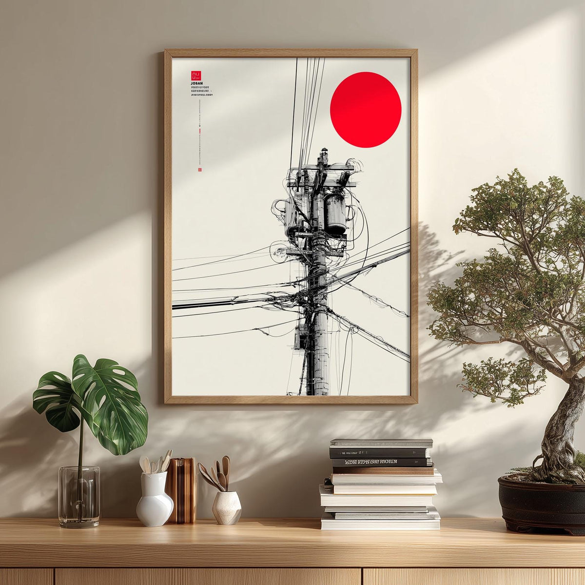 Japanese power pole art print - minimalist line drawing with red sun - modern wall decor