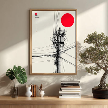 Japanese power pole art print - minimalist line drawing with red sun - modern wall decor