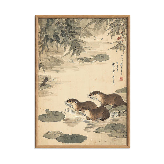 Japanese Otter Art Print - Vintage Sumi-e Wildlife Wall Decor