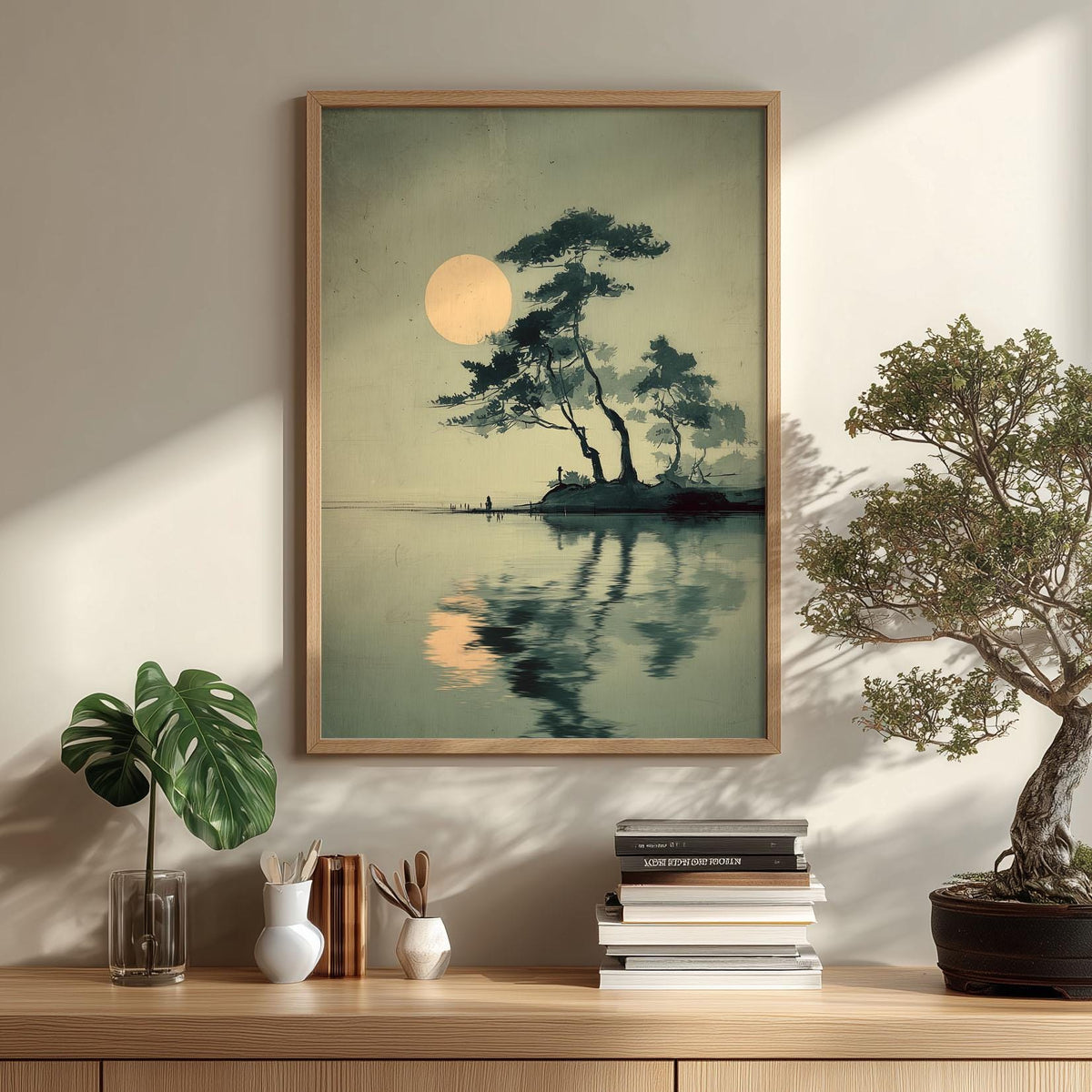 Japanese Landscape Print - Moonlit Pine By the Lake Wall Art