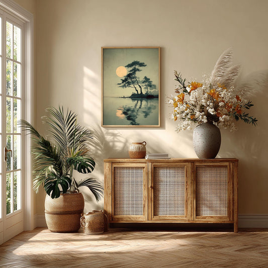 Japanese Landscape Print - Moonlit Pine By the Lake Wall Art