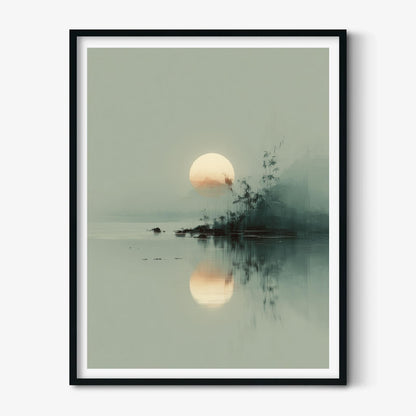 Japanese Landscape Print - Minimalist Sunrise Wall Art, Tranquil Lake Scene
