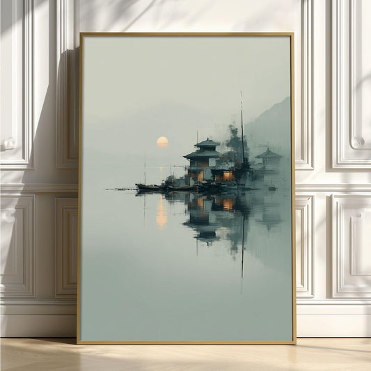 Japanese Landscape Print - Tranquil Lakeside Temple Art - Minimalist Wall Decor