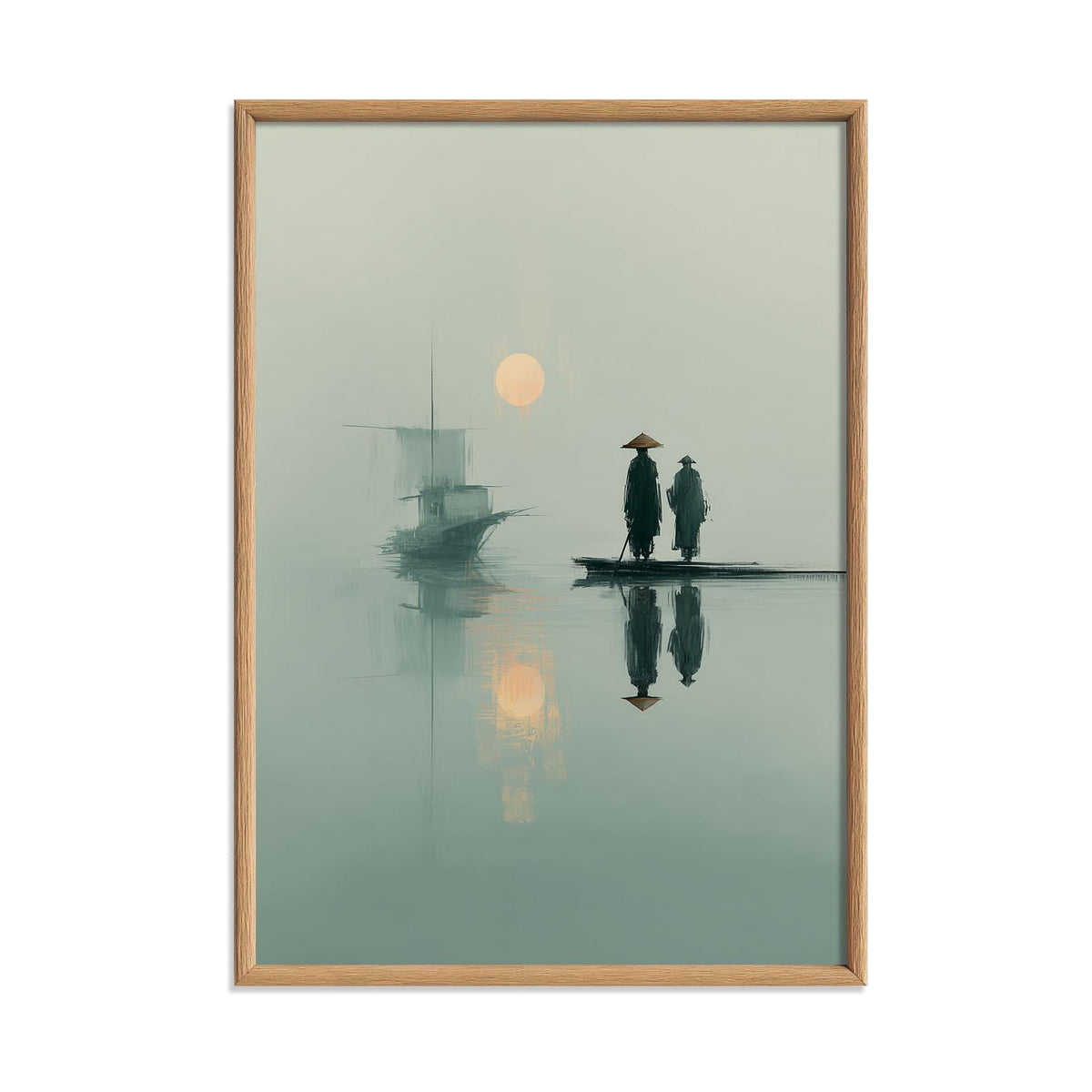 Japanese Wall Art Print - Minimalist Zen Boat Scene, Serene Teal Sunrise