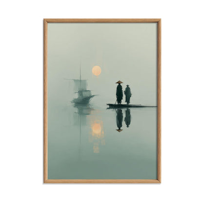 Japanese Wall Art Print - Minimalist Zen Boat Scene, Serene Teal Sunrise