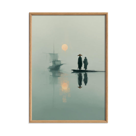 Japanese Wall Art Print - Minimalist Zen Boat Scene, Serene Teal Sunrise