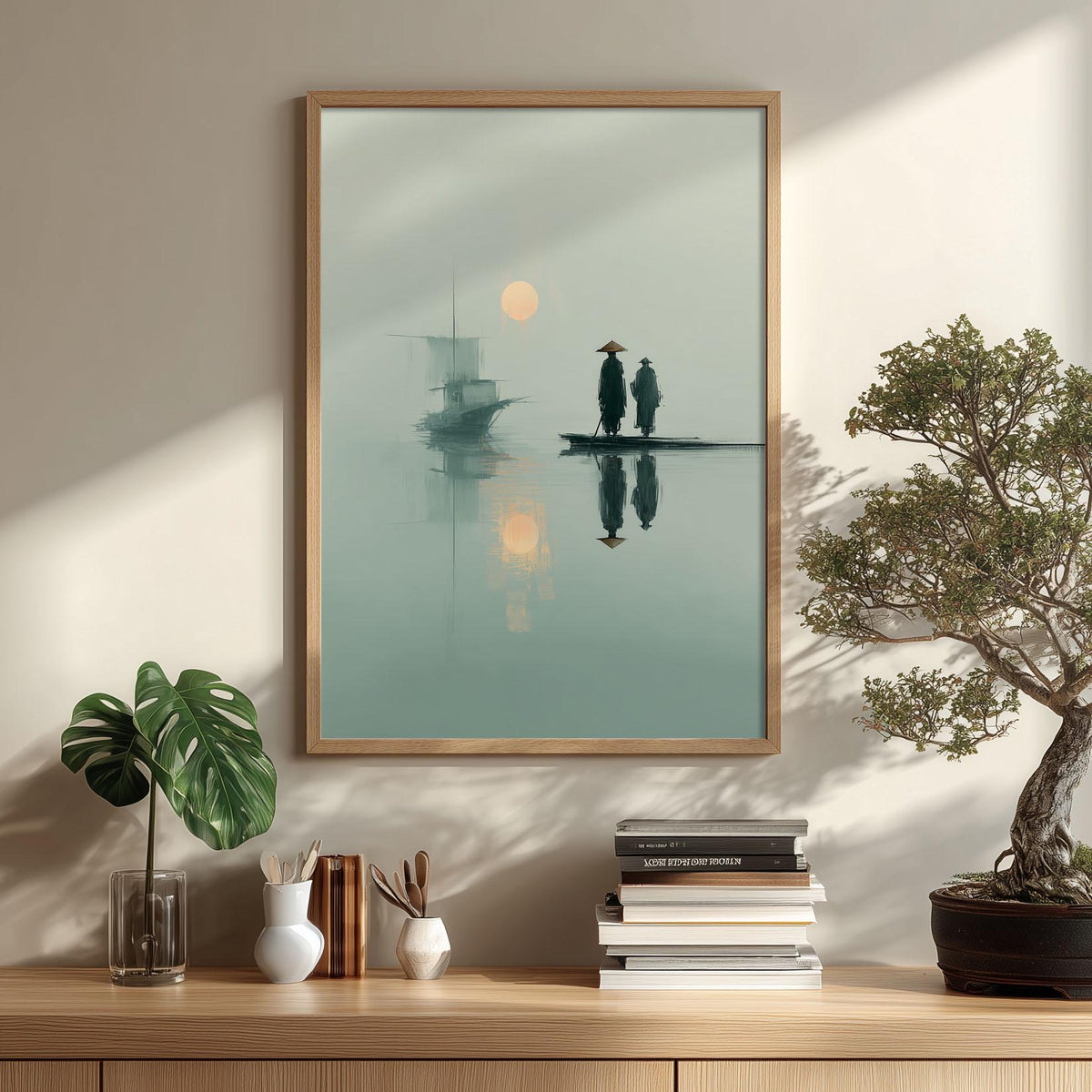 Japanese Wall Art Print - Minimalist Zen Boat Scene, Serene Teal Sunrise