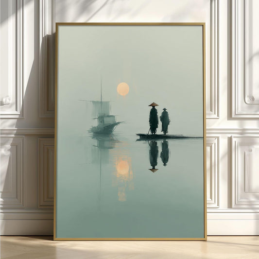 Japanese Wall Art Print - Minimalist Zen Boat Scene, Serene Teal Sunrise