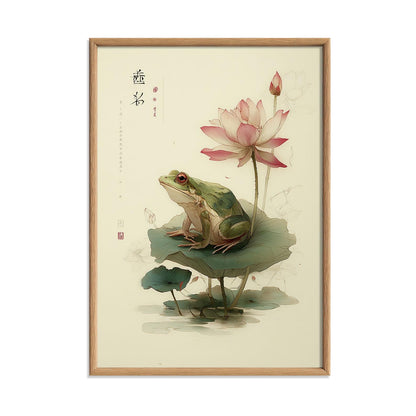 Japanese frog and lotus art print - Zen wall decor, Minimal ink style