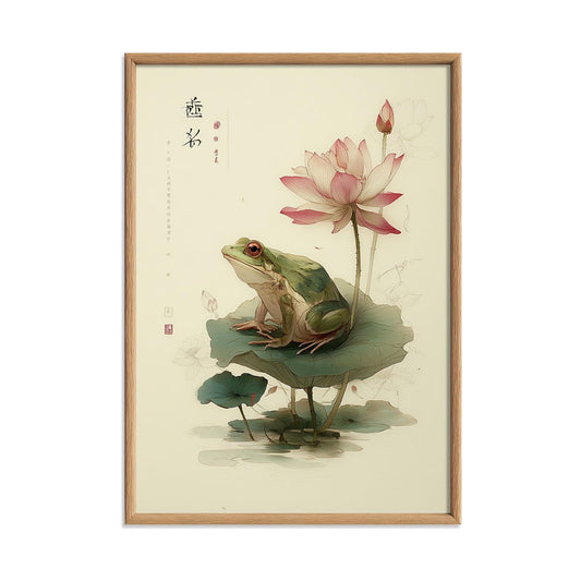 Japanese frog and lotus art print - Zen wall decor, Minimal ink style