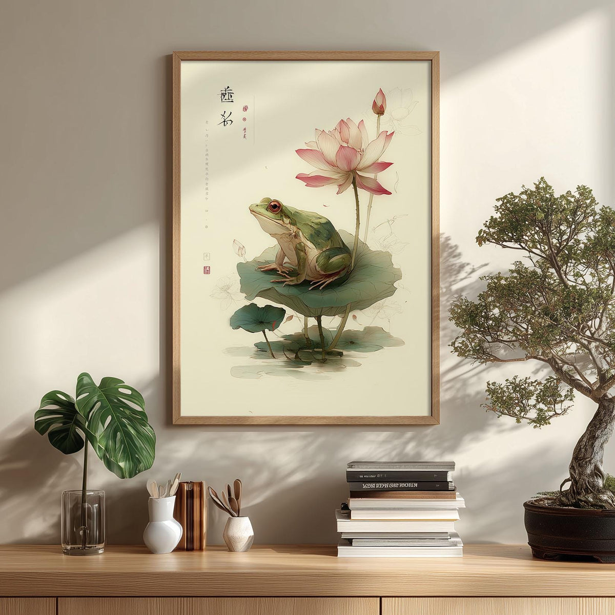 Japanese frog and lotus art print - Zen wall decor, Minimal ink style