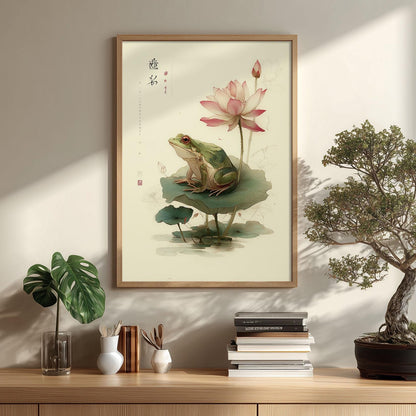 Japanese frog and lotus art print - Zen wall decor, Minimal ink style