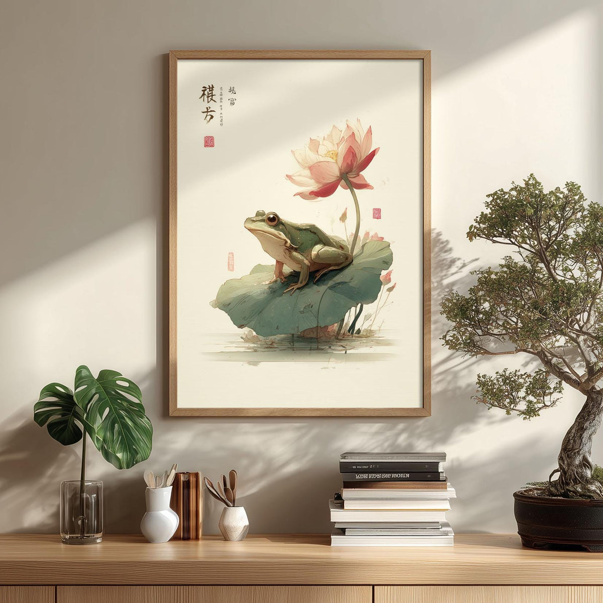 Japanese art print - Zen wall art, frog on lotus leaf illustration for home decor