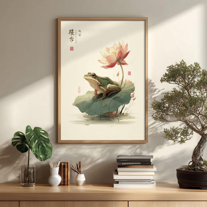 Japanese art print - Zen wall art, frog on lotus leaf illustration for home decor