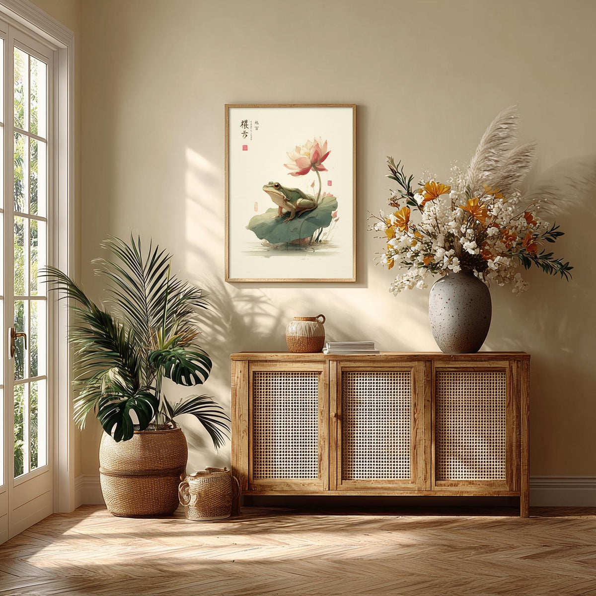 Japanese art print - Zen wall art, frog on lotus leaf illustration for home decor