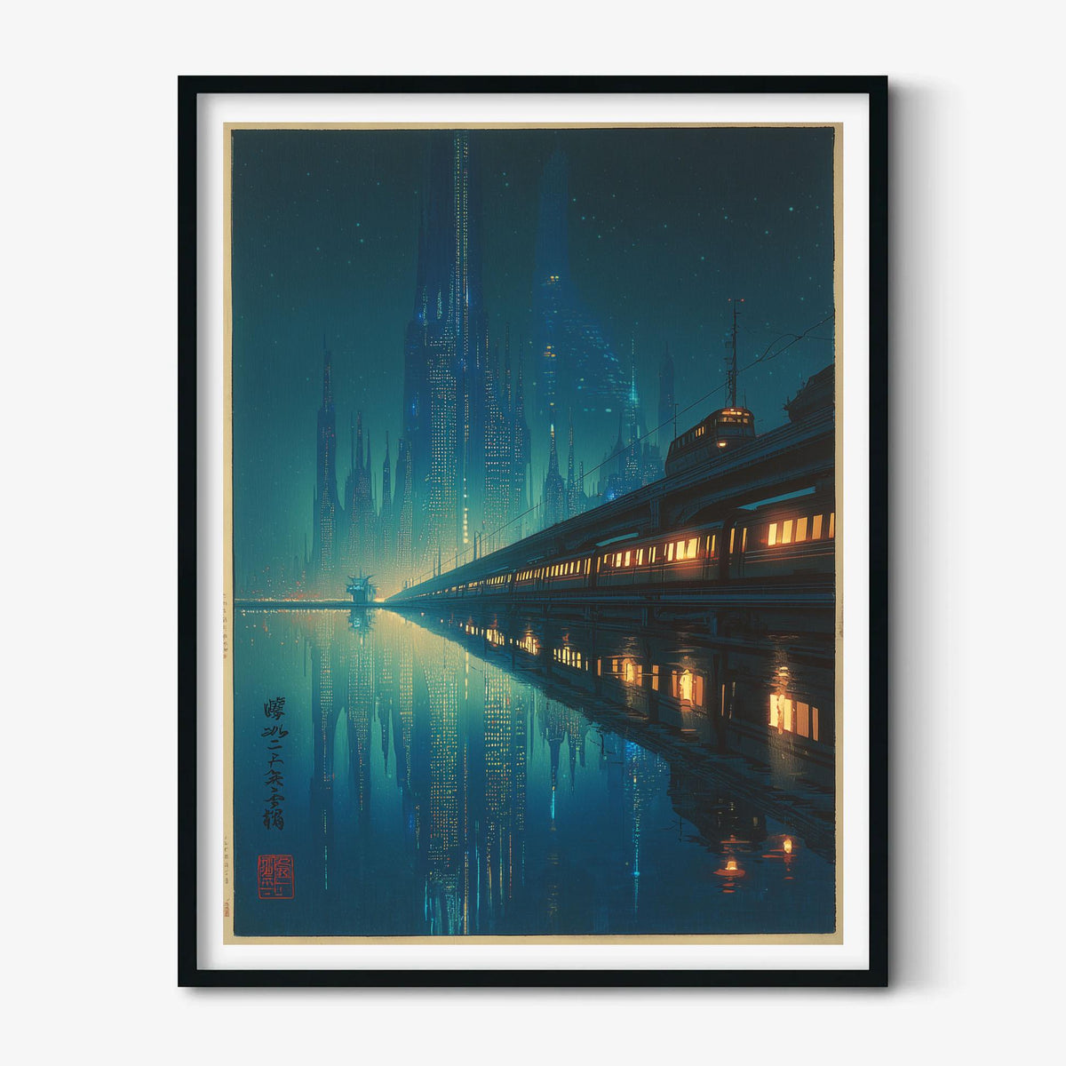 Japanese Cyberpunk City Print - Futuristic Night Skyline Wall Art