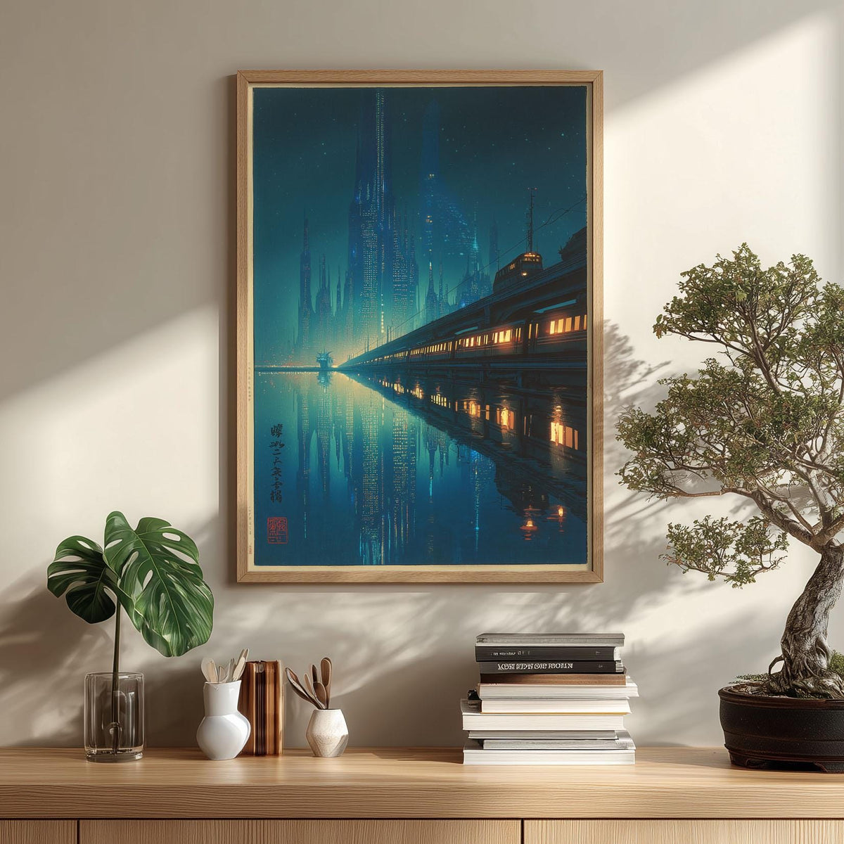 Japanese Cyberpunk City Print - Futuristic Night Skyline Wall Art
