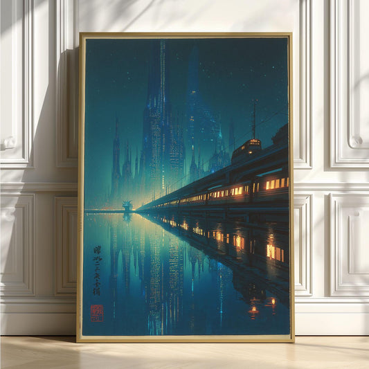 Japanese Cyberpunk City Print - Futuristic Night Skyline Wall Art