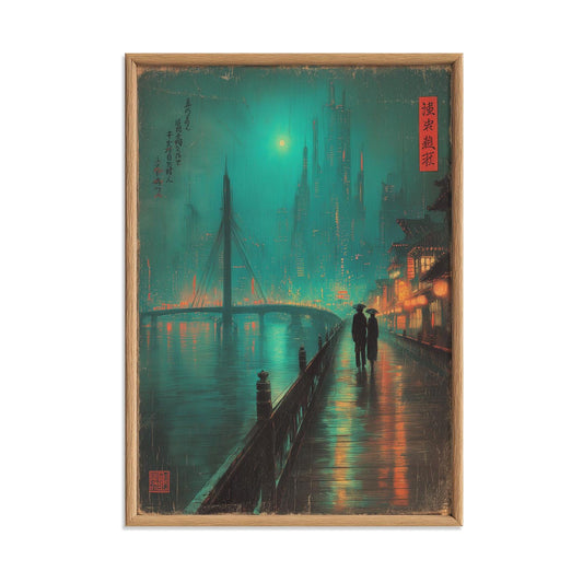 Japanese Cityscape Wall Art Print - Neon Rainy Street, Teal Night Skyline