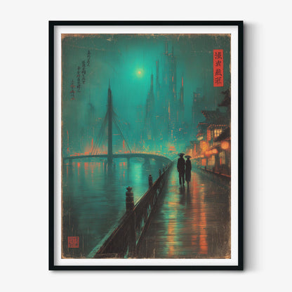 Japanese Cityscape Wall Art Print - Neon Rainy Street, Teal Night Skyline