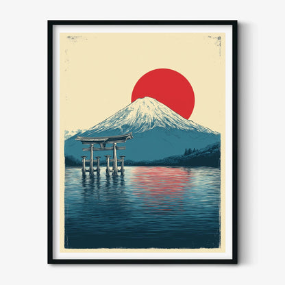 Japanese Wall Art Print - Mount Fuji and Red Sun illustration