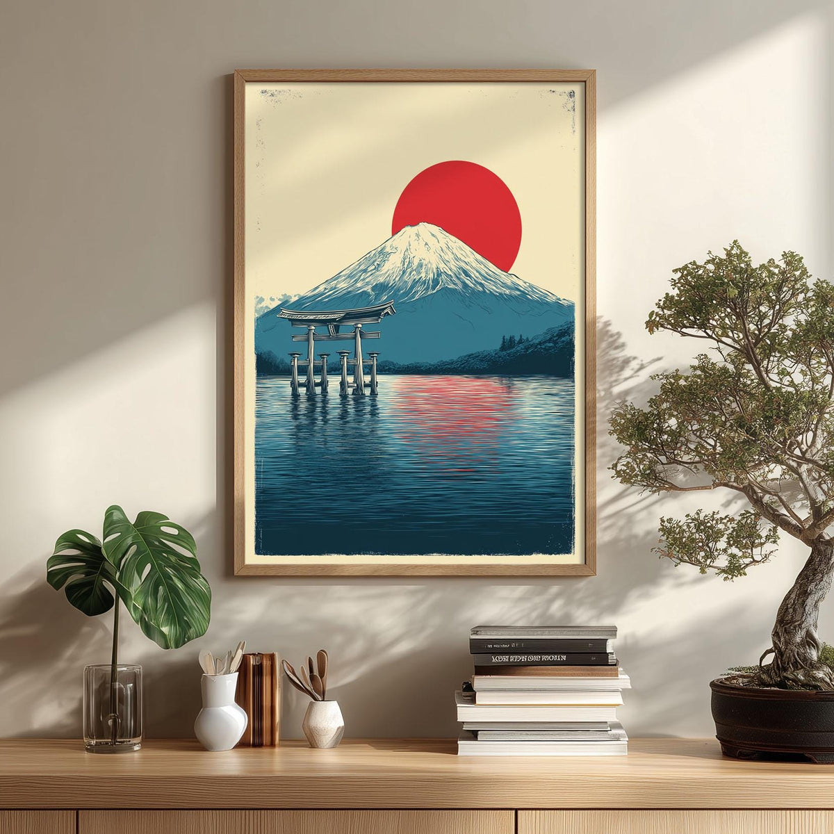 Japanese Wall Art Print - Mount Fuji and Red Sun illustration