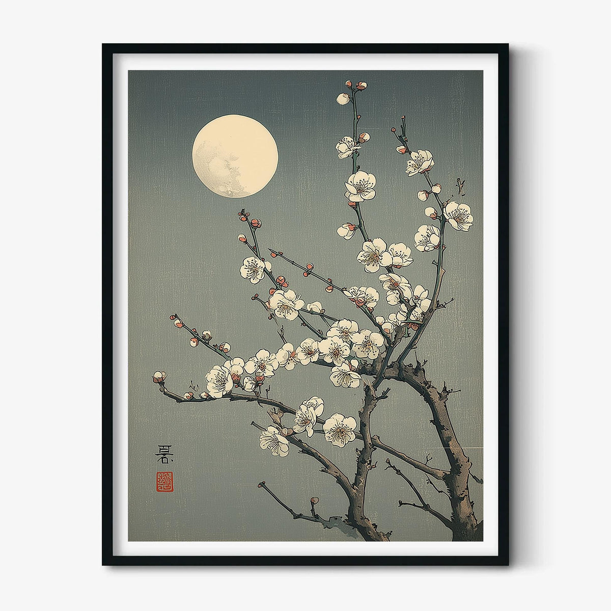 Japanese Print - Moonlit Plum Blossoms Woodblock Style