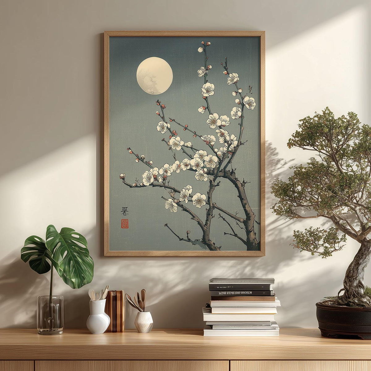 Japanese Print - Moonlit Plum Blossoms Woodblock Style