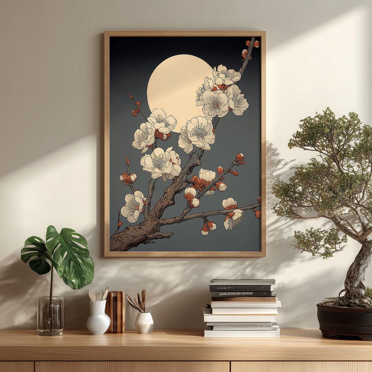 Japanese Blossom Art Print - Moonlit Plum Branch illustration Wall Decor