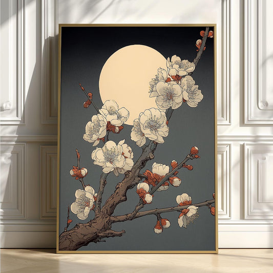 Japanese Blossom Art Print - Moonlit Plum Branch illustration Wall Decor