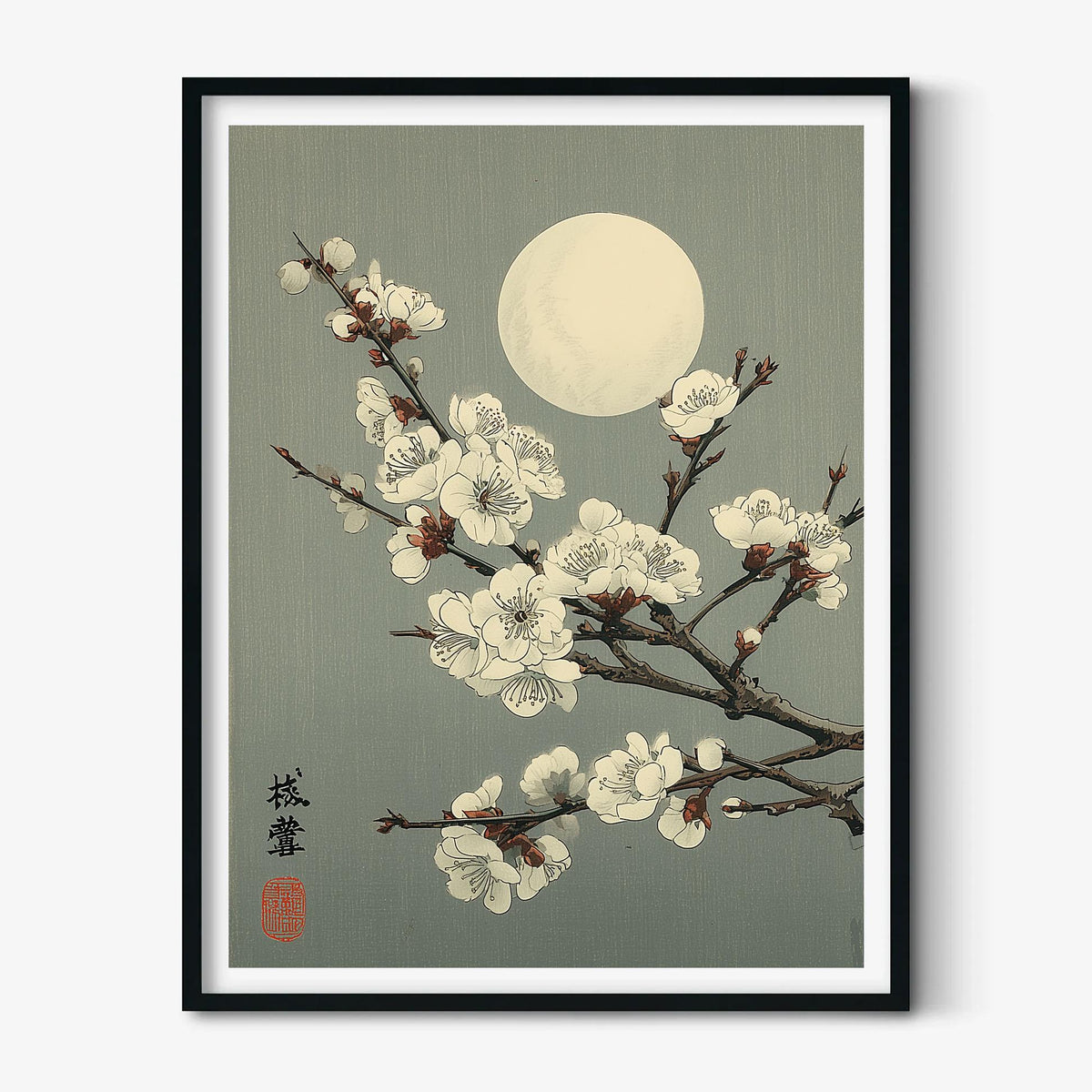 Japanese Blossom Print - Moonlit Plum Branch Wall Art, Vintage Style
