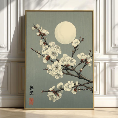 Japanese Blossom Print - Moonlit Plum Branch Wall Art, Vintage Style