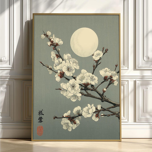 Japanese Blossom Print - Moonlit Plum Branch Wall Art, Vintage Style