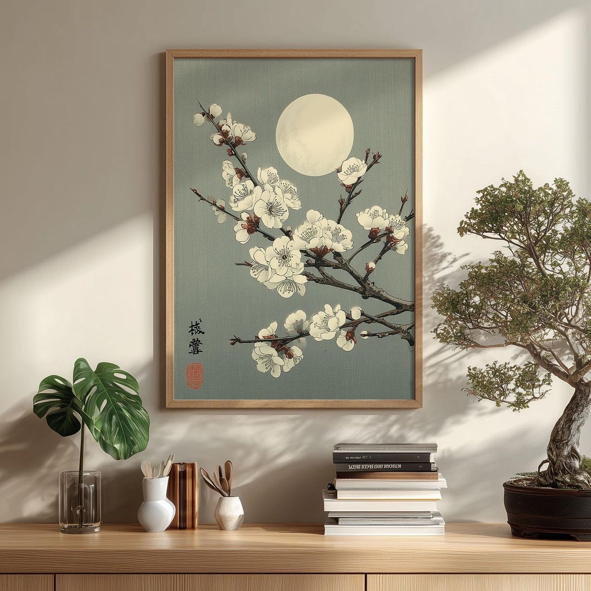 Japanese Blossom Print - Moonlit Plum Branch Wall Art, Vintage Style