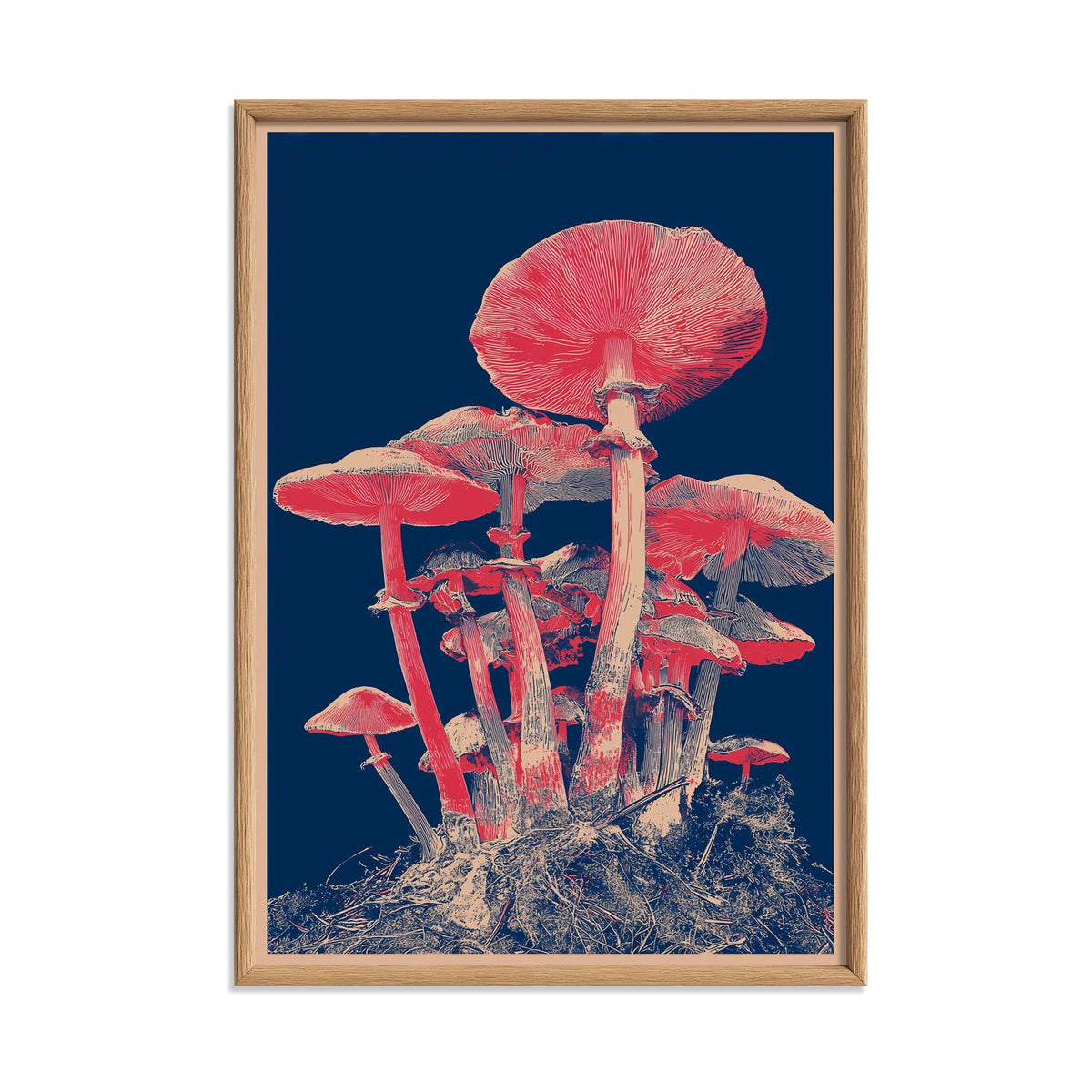 Japanese Mushroom Art Print - Modern Botanical Wall Decor, Navy and Coral Illustration