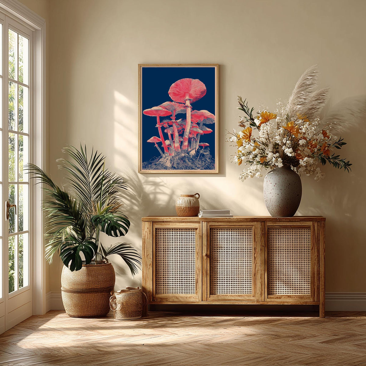 Japanese Mushroom Art Print - Modern Botanical Wall Decor, Navy and Coral Illustration