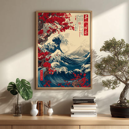 Japanese Wave Art Print - Hokusai Wall Decor - Cherry Blossom & Fuji poster