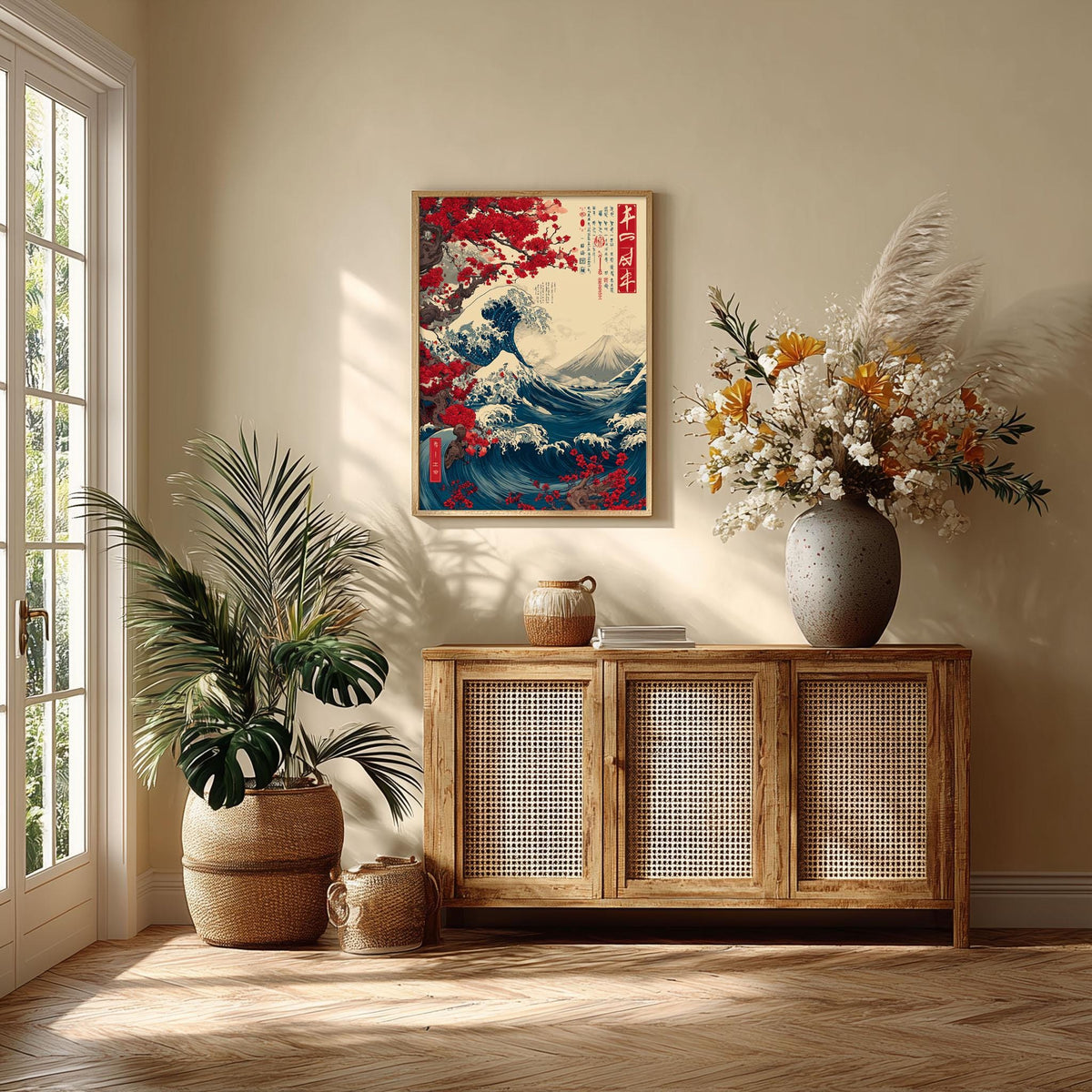 Japanese Wave Art Print - Hokusai Wall Decor - Cherry Blossom & Fuji poster