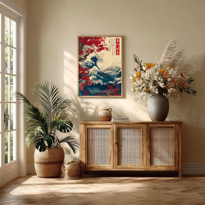 Japanese Wave Art Print - Hokusai Wall Decor - Cherry Blossom & Fuji poster
