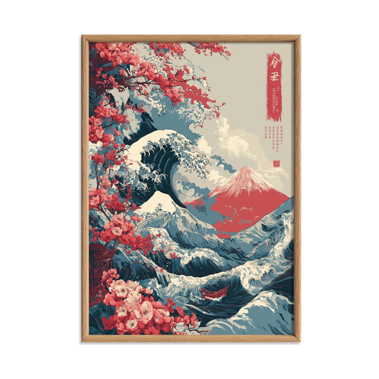 Japanese Wave Art Print - Cherry Blossoms and Mt Fuji Wall Decor