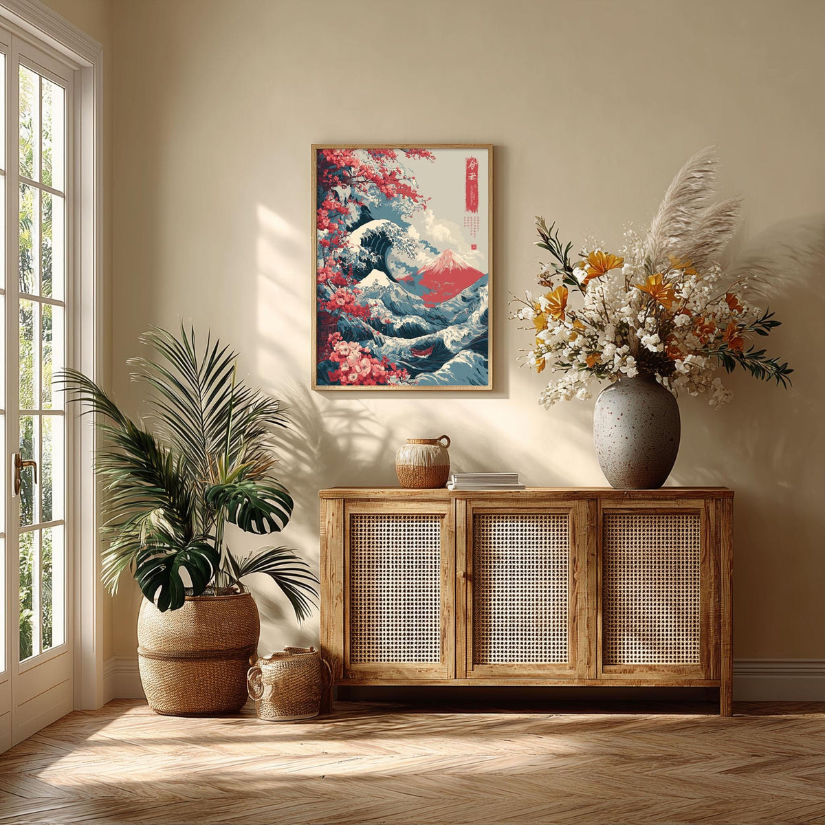 Japanese Wave Art Print - Cherry Blossoms and Mt Fuji Wall Decor