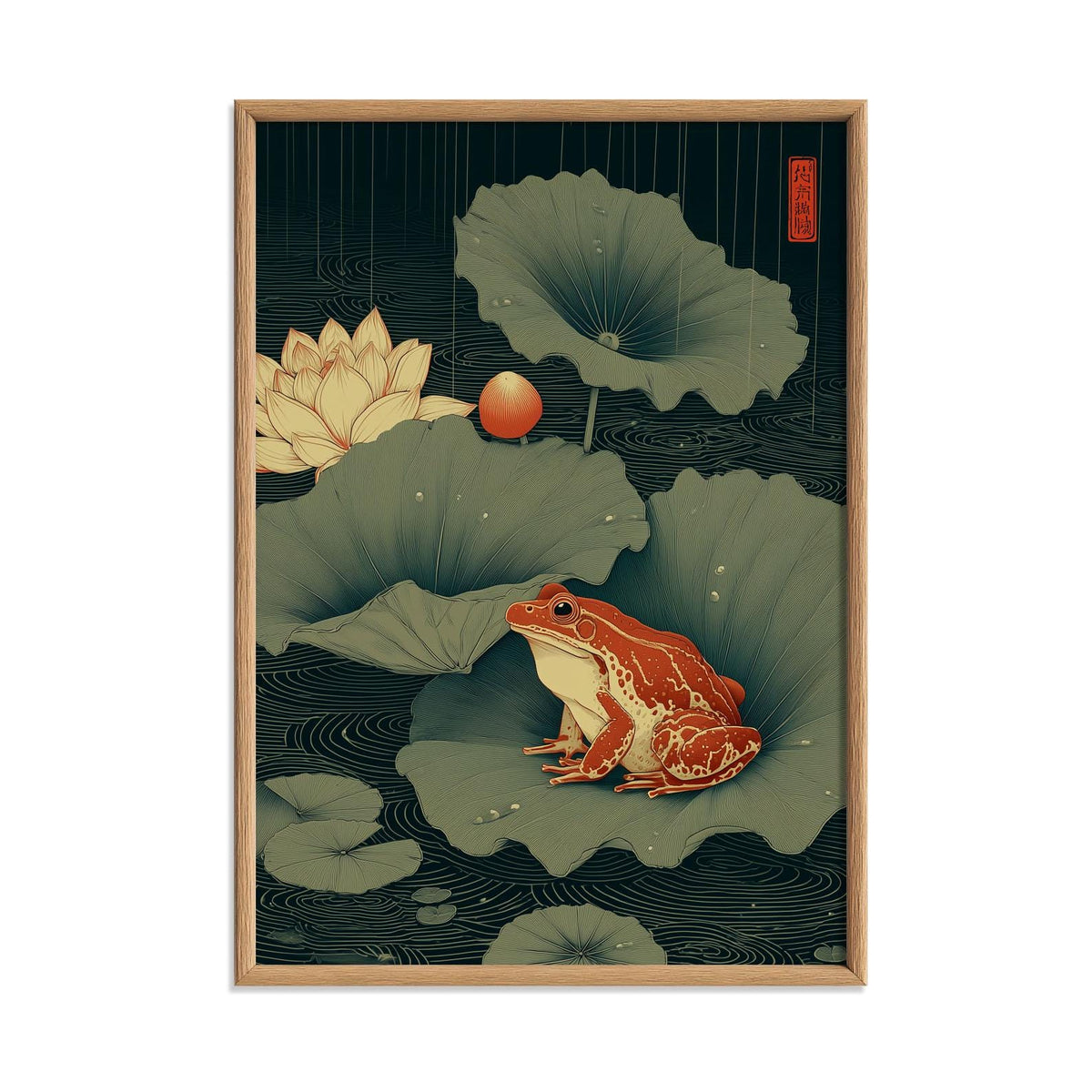 Japanese Frog Art Print - Lotus Pond Wall Decor, Ukiyo-e Style