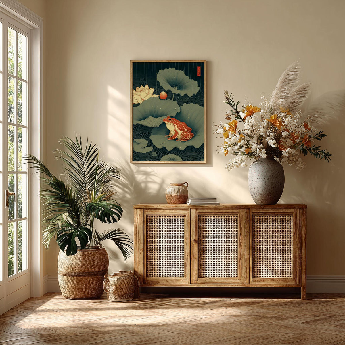 Japanese Frog Art Print - Lotus Pond Wall Decor, Ukiyo-e Style