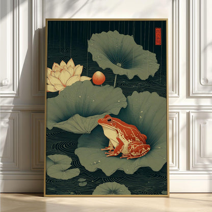 Japanese Frog Art Print - Lotus Pond Wall Decor, Ukiyo-e Style